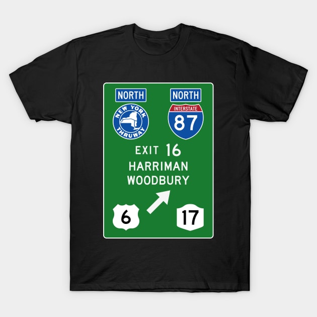 New York Thruway Northbound Exit 16: Harriman Woodbury Routes 6 and 17 T-Shirt by MotiviTees